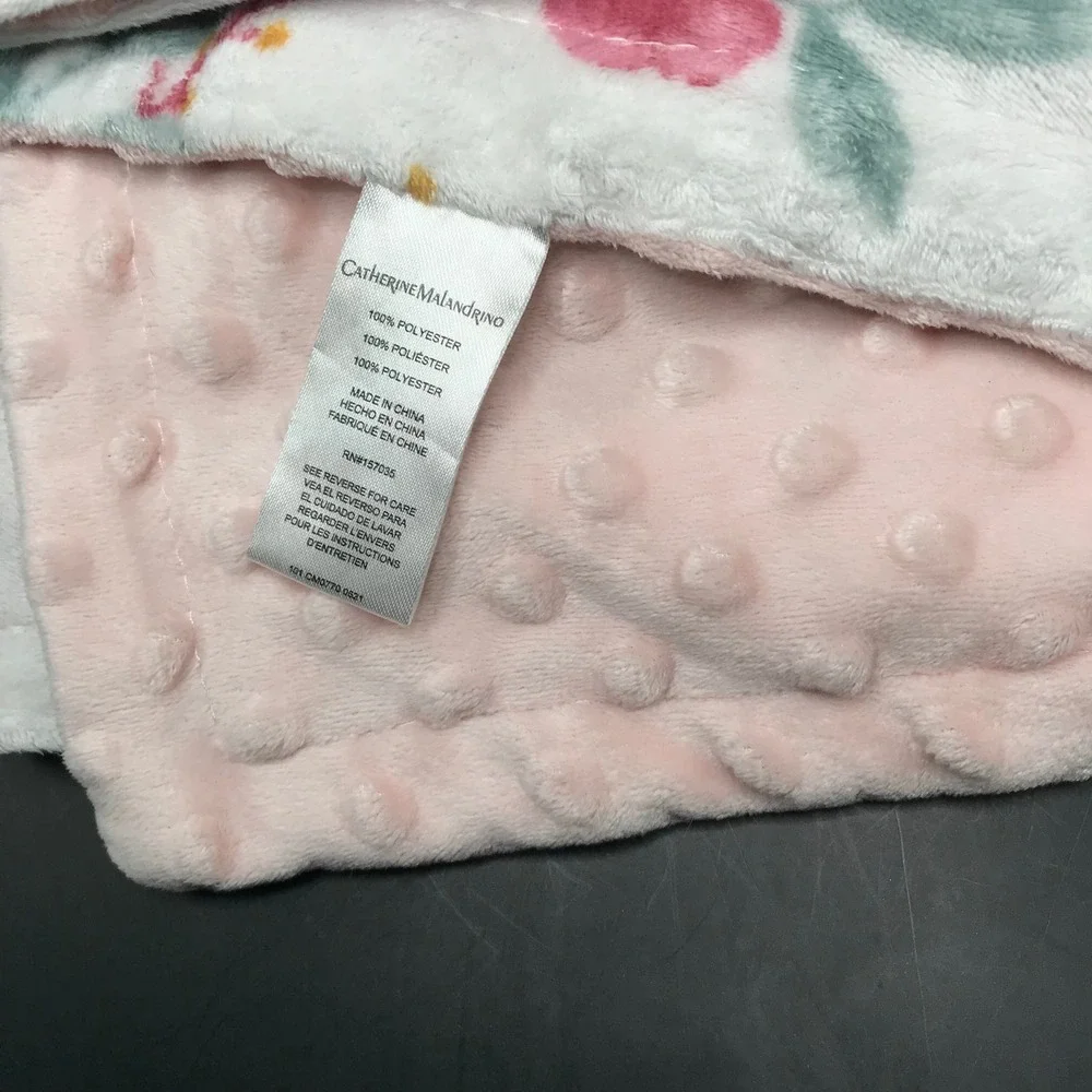 Catherine Malandrino Floral Baby Blanket Pink Minky Dot Rose Print Nursery White